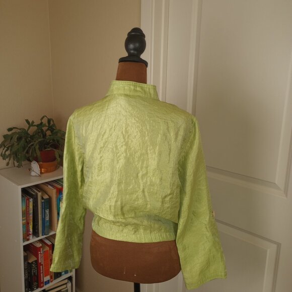90s Lime Green Boho Whimsygoth Crinkle Jacket Rayon Blend Button Front Linear - Picture 6 of 7